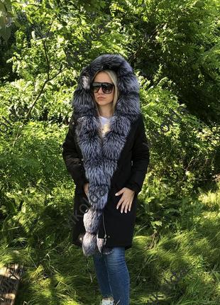 Жіноча зимова куртка  парка з натуральним хутром чорнобурки з 44 по 58