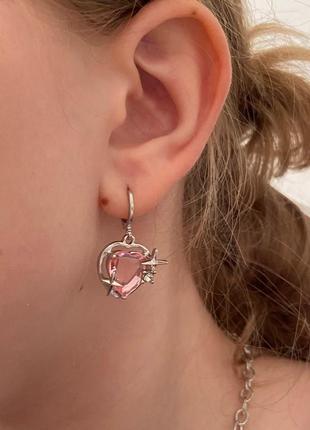 Серьги сердце розовое хрустальное4 фото