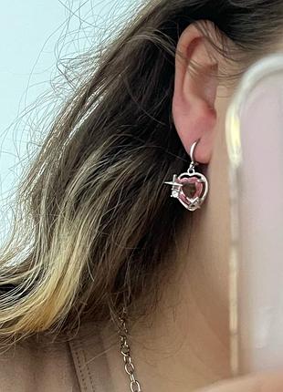 Серьги сердце розовое хрустальное6 фото