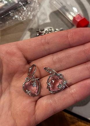 Серьги сердце розовое хрустальное7 фото