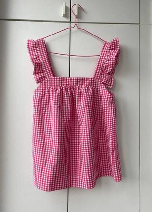 Розовая блуза барби винтажная блузка в клетку кофточка качественная трендовая стильная на бретельках свободного кроя1 фото