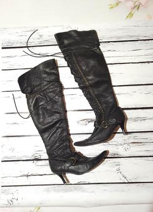 Ботфорты корсет женские черные кожаные сапоги высокие за колено женккие ботфорты черное кожу