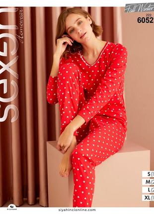 Женская тонкая хлопковая пижама в сердечка sexen турция, красный