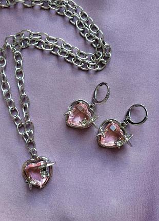 Серьги сердце розовое хрустальное10 фото