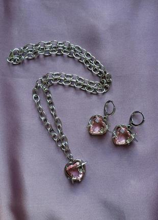 Серьги сердце розовое хрустальное9 фото