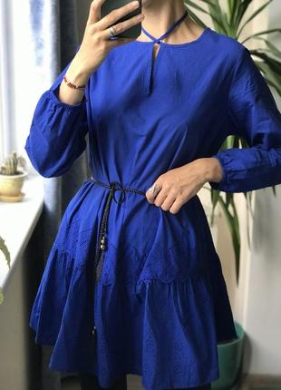 Хлопковое синее платье туника с вышивкой и декором хлопок2 фото