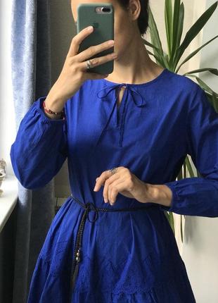 Хлопковое синее платье туника с вышивкой и декором хлопок4 фото