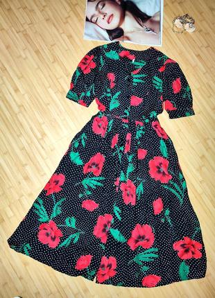 Винтажное вискозное черное платье в горошек и цветы, Паркин 122 фото