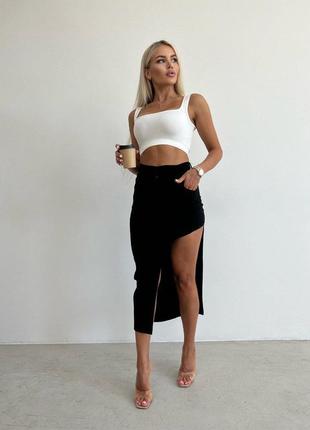 Трендовая джинсовая юбка миди с боковым вырезом стильная черная бежевая3 фото