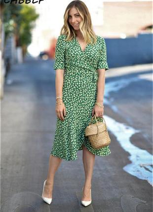 Асиметричне зелене плаття халат міді з принтом на запах2 фото