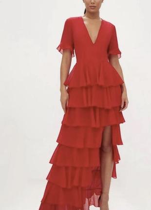 Сукня довга максі червона з вирізом, рюші, декольте2 фото