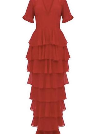 Сукня довга максі червона з вирізом, рюші, декольте3 фото