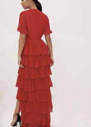 Сукня довга максі червона з вирізом, рюші, декольте5 фото