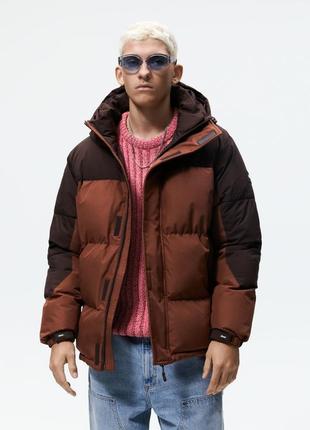 Пуховик zara water repellent colorblock jacket, orange