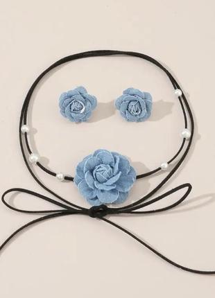 Комплект чокер шнурок із квіткою та сережки2 фото