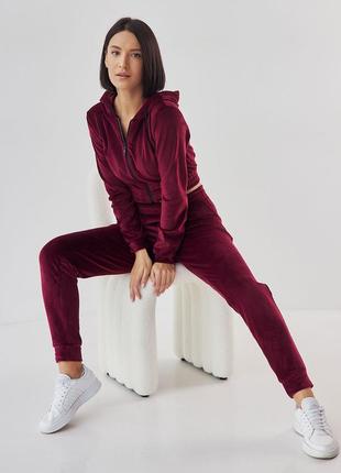 Велюровий костюм бордо з укороченою кофтою | 66078