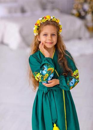Платье вышиванка для девочки зеленая3 фото