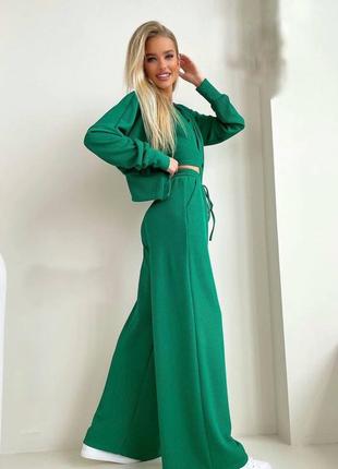 Женский зеленый костюм тройка кофта+топ+брюки рубчик турция тренд 20232 фото