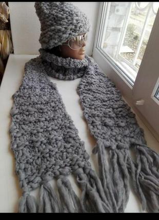 Толстый теплый зимний комплект шапки -бини и шарфа3 фото