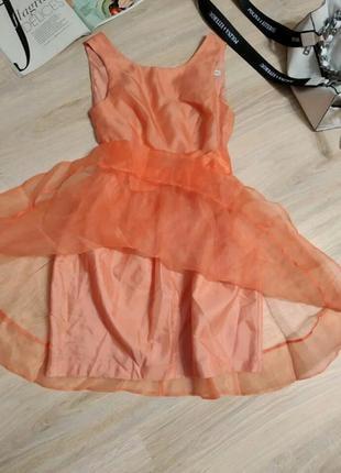 Крутое стильное пышное коктейльное мини платье абрикосовое5 фото