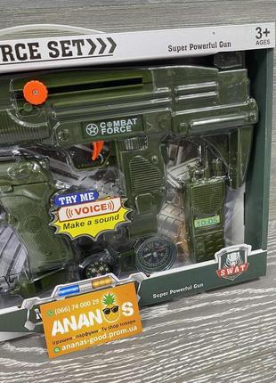 Детский военный набор (  автомат с трещоткой, пистолет ,часы, свисток, компас , рация ,бинокль )3 фото
