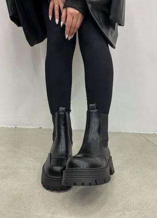 Ботинки деми осень челси без замка с квадратным носком черные натуральная кожа на высокой подошве платформе танкетке4 фото