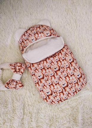 Конверт спальник трикотажный с принтом тедди для новорожденных, коричневый2 фото