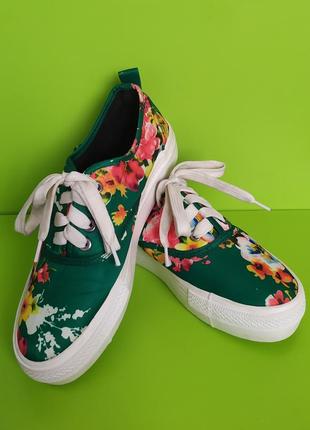 Зелёные кроссовки кеды цветочный принт, 37