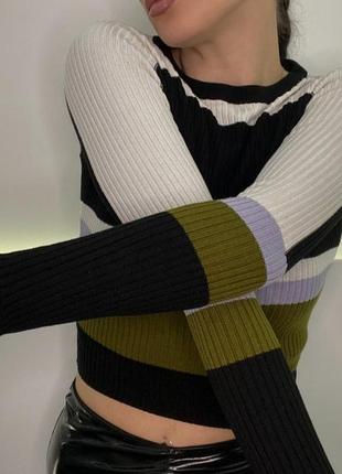Кроп топ в рубчик лонгслів вкорочений светр топ з довгим рукавом водолазка три кольорова базовий хакі геометричний3 фото