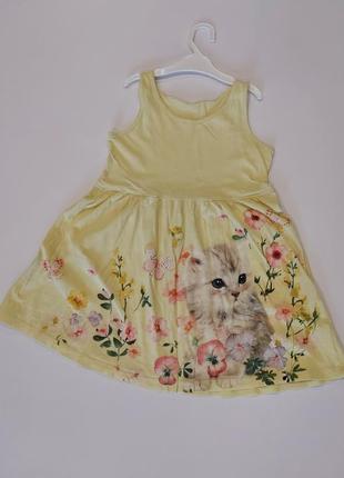 Летнее платье лимонного цвета h&m с котенком 3-4 года3 фото
