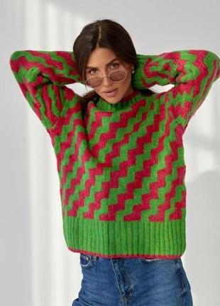 Стильный трендовый свитер с зигзагами свободного кроя, свитер оверсайз, красный, зеленый,женская одежда3 фото