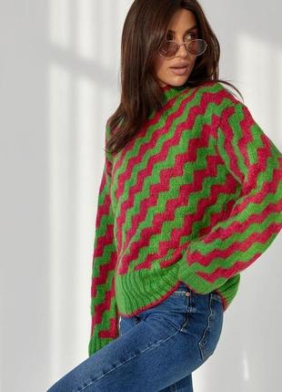 Стильный трендовый свитер с зигзагами свободного кроя, свитер оверсайз, красный, зеленый,женская одежда2 фото