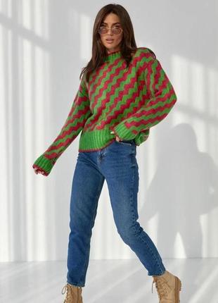 Стильный трендовый свитер с зигзагами свободного кроя, свитер оверсайз, красный, зеленый,женская одежда5 фото