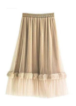 ⛔✅шикарная юбка велюр сверху сетка евро фатин с воланом бахрома натуральный мех