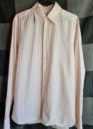 Бавовняна брендова смугаста топова базова біла чоловіча сорочка в помаранчеву смужку massimo dutti l2 фото