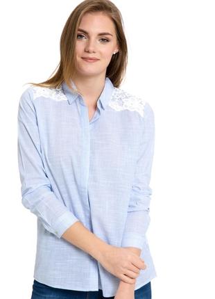 Женская рубашка lc waikiki / лс вайкики в тонкую голубую полоску с кружевом на плечах1 фото