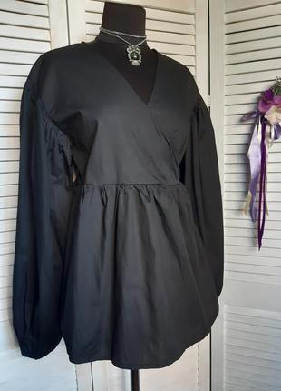 Блуза черная из поплина на запах с обьемными рукавами boohoo5 фото