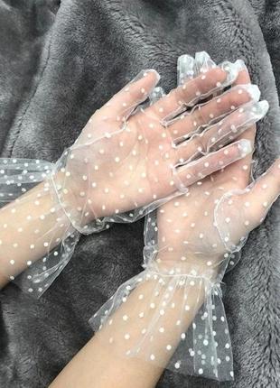 Фатинові перчатки фатин у горох винтаж в ретро стилі білі перчатки у білий горох