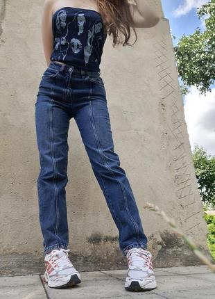 Синие джинсы на высокой посадке3 фото