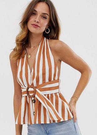 Стильна блуза asos у модну смужку теракотового кольору зі стильним паском і відкритою спинкою