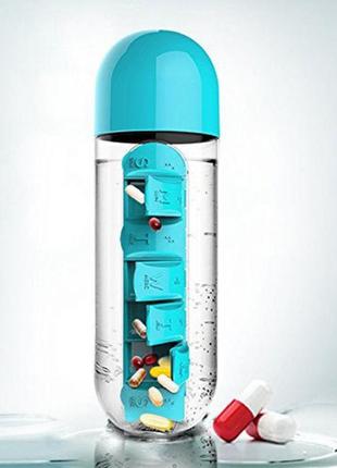 Бутылка для воды с таблетницей pill vitamin water bottle blue