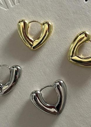Серьги сердце серебро позолота 14 к сережки крупные сердечки3 фото