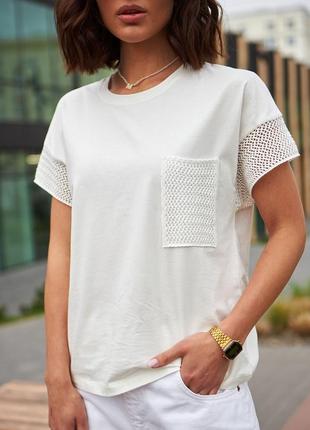 Стильная женская хлопковая футболка с ажурным карманом и манжетами, летняя хлопковая однотонная футболка6 фото