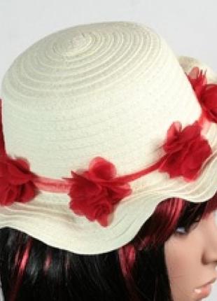 Солом'яний капелюх дитячий флює 26 см біло-червоний