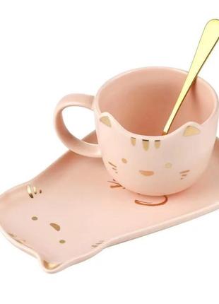 Набор чашка блюдце ложка котик (розовый)1 фото