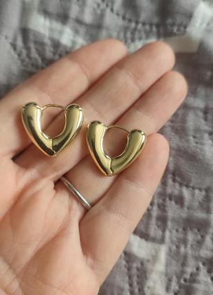 Серьги сердце серебро позолота 14 к сережки крупные сердечки9 фото