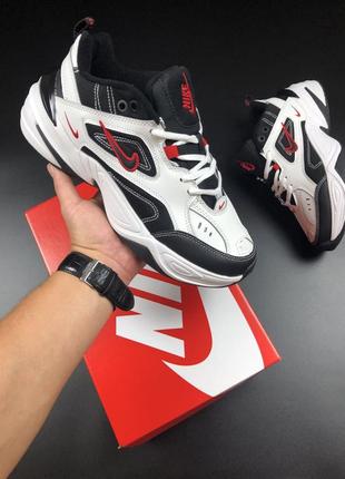 Кожаные кроссовки nike m2k tekno black red white / демисезонные спортивные кроссовки для города / кросівки чоловічі шкіряні на кожен день