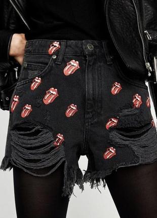 Джинсовые шорты mom высокая посадка с губами zara rolling stones2 фото