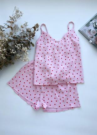 Муслин пижама майка шорты для дома отдыха натуральная легкая сердечки розовая рубашка штаны халат3 фото