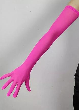 Обтягивающие облигающие малиновые фуксия перчатки фатиновые кружевные длинные из сетки под платье сексуальные4 фото